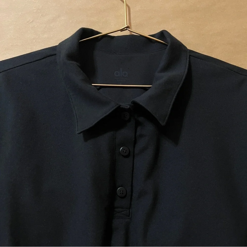 Alo | Cropped Prestige Polo Shirt Collared Built in Bra Top Pique Black Size L